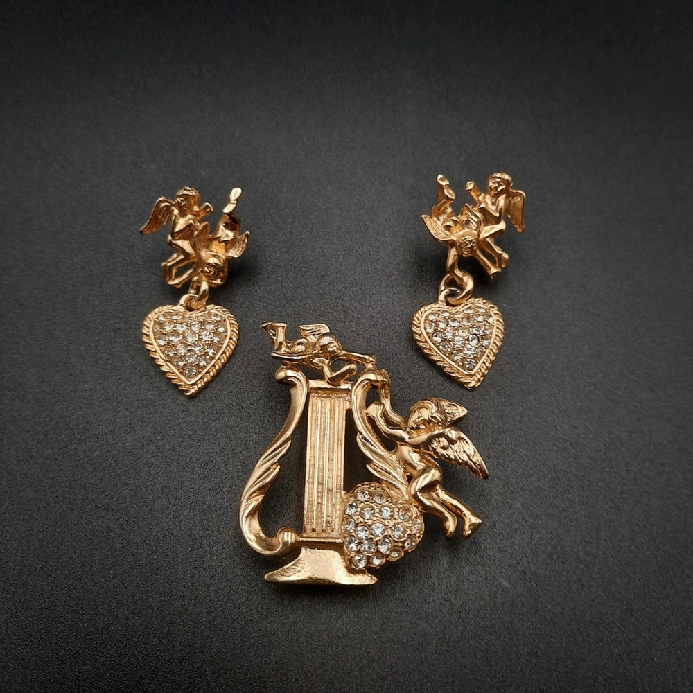 Vintage Premier Designs Gold-tone Cherub Brooch/Pendant & Earring‎ Set